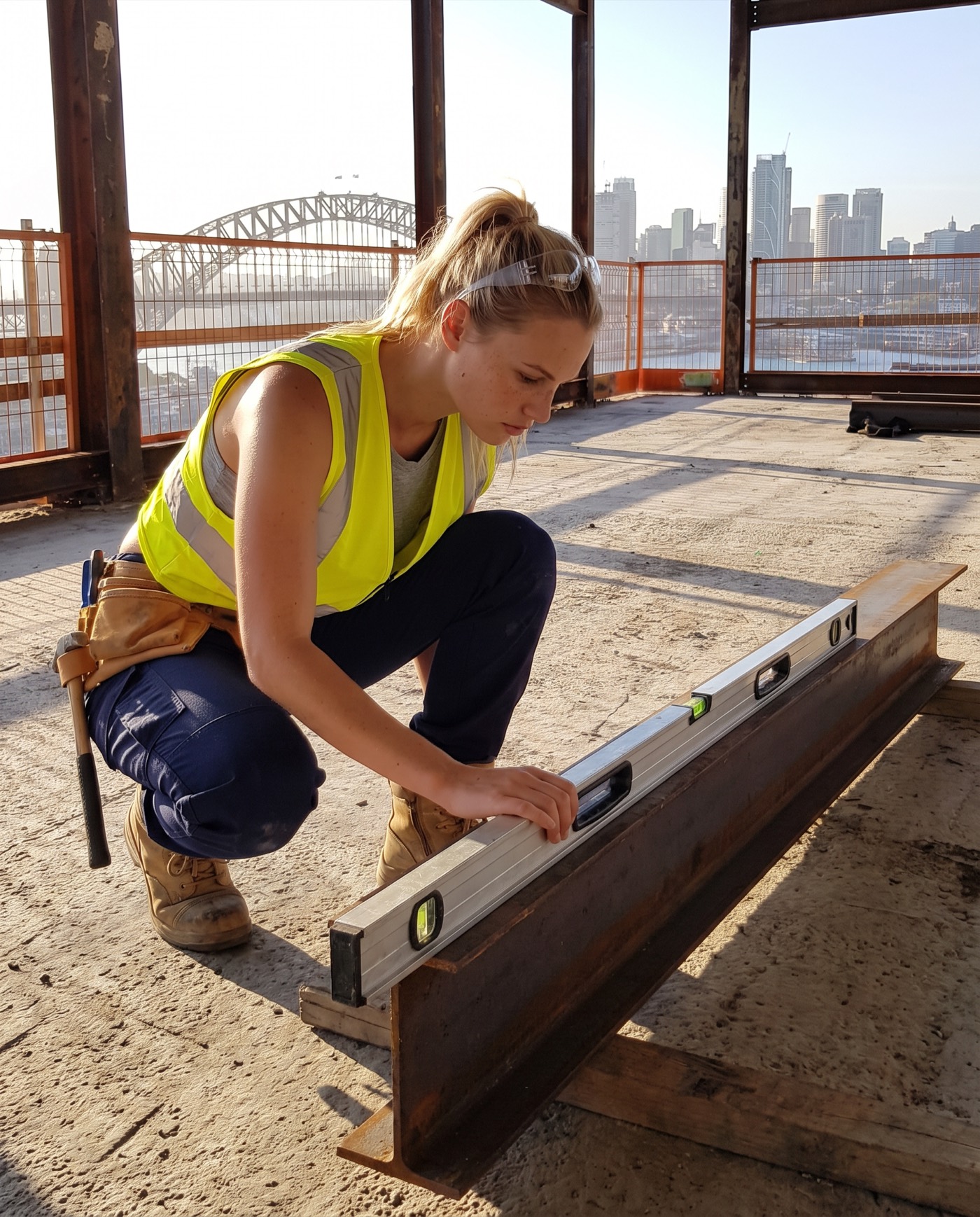 Sienna Steel in hi-vis on a Sydney site, holding a drill