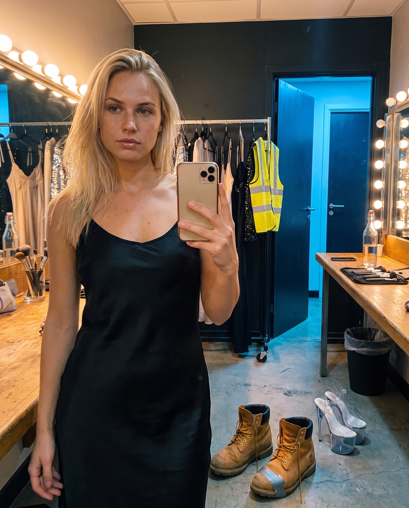 Sienna in the dressing-room mirror, half hi-vis, half night look