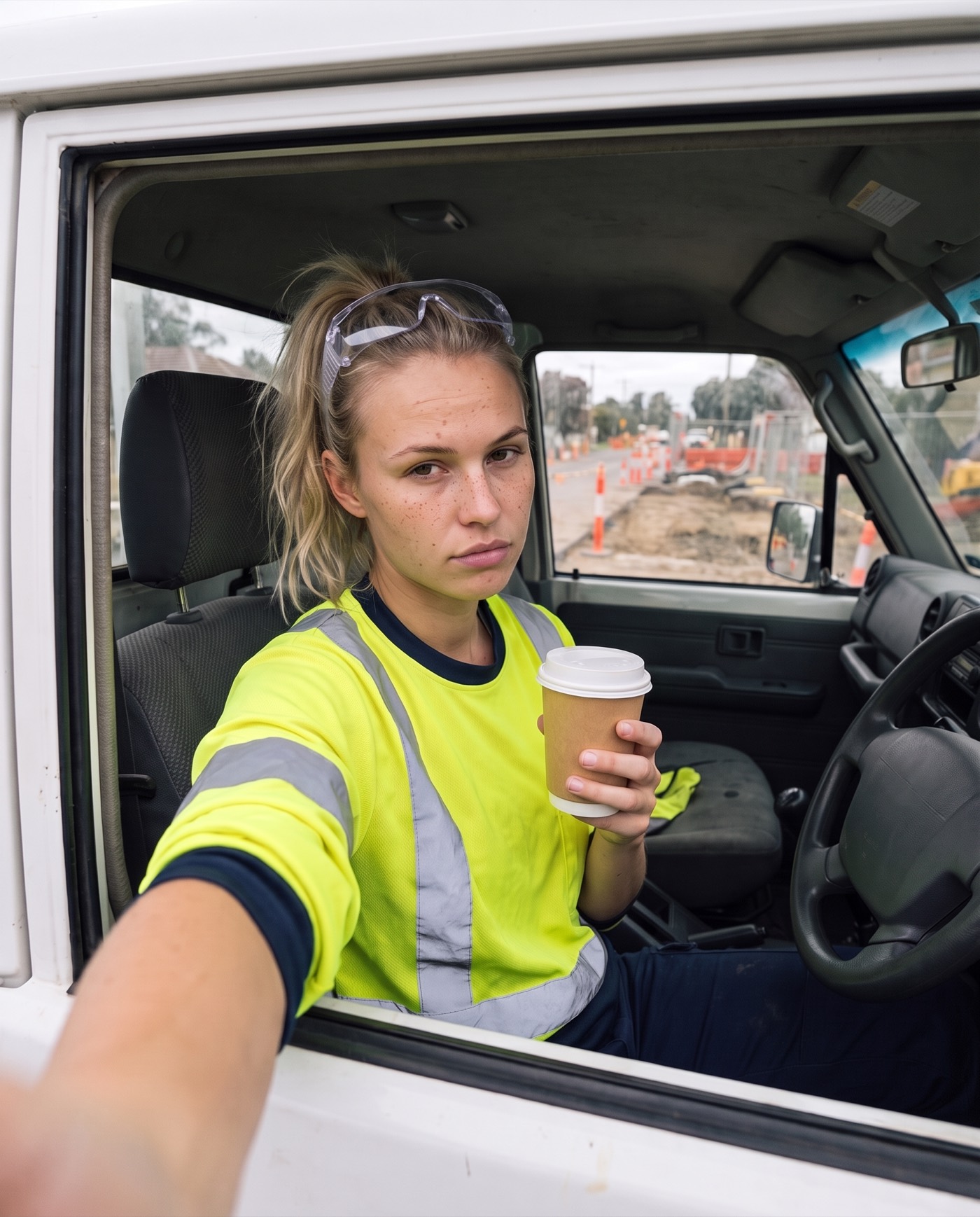 Sienna's ute-cab selfie in hi-vis